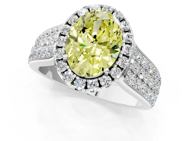 White gold Fancy Yellow Oval  Halo Round Diamond Pave Band with Prong Setting