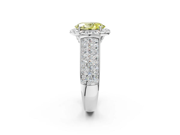 White gold Fancy Yellow Oval  Halo Round Diamond Pave Band with Prong Setting