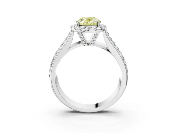 White gold Fancy Yellow Oval  Halo Round Diamond Pave Band with Prong Setting