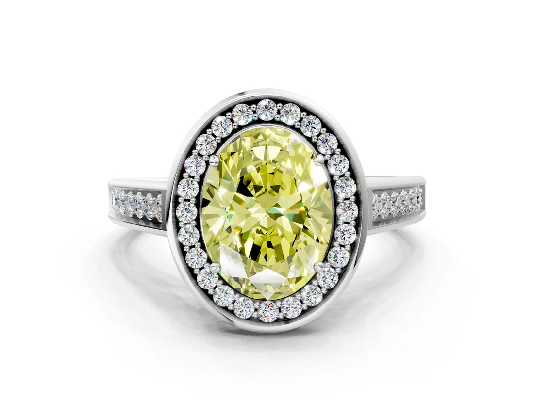 White gold Fancy Yellow Oval  Halo Solitaire Diamond Ring with Pave Band and Bezel Setting_49