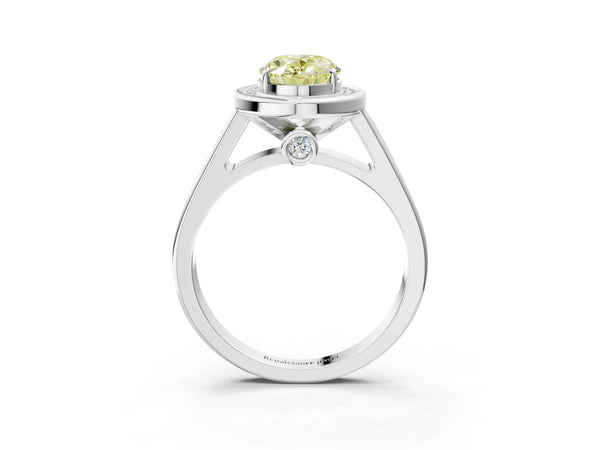 Platinum Fancy Yellow Oval  Halo Solitaire Diamond Ring with Pave Band and Bezel Setting