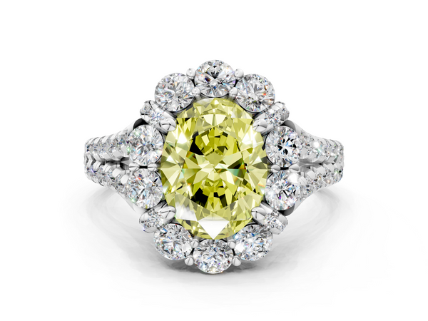 Platinum Fancy Yellow Oval  Halo Split Shank Diamond Engagement Ring with Pave Band and Four-Prong Setting