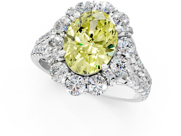 Platinum Fancy Yellow Oval  Halo Split Shank Diamond Engagement Ring with Pave Band and Four-Prong Setting