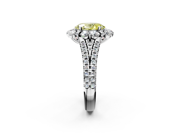 Platinum Fancy Yellow Oval  Halo Split Shank Diamond Engagement Ring with Pave Band and Four-Prong Setting