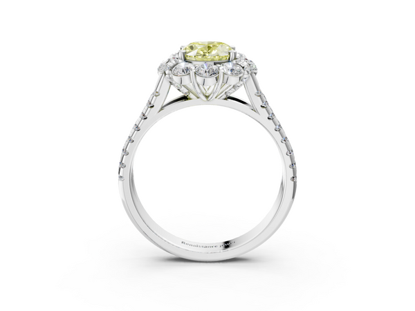 Platinum Fancy Yellow Oval  Halo Split Shank Diamond Engagement Ring with Pave Band and Four-Prong Setting