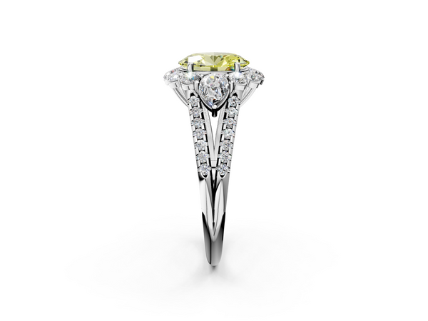 White gold Fancy Yellow Oval  Halo Split Shank Diamond Engagement Ring with Prong Setting