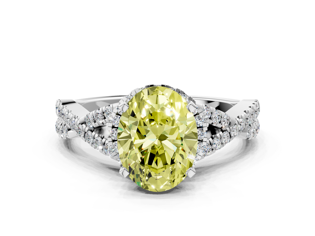 White gold Fancy Yellow Oval  Halo Twist Band Solitaire Prong Setting Ring_122