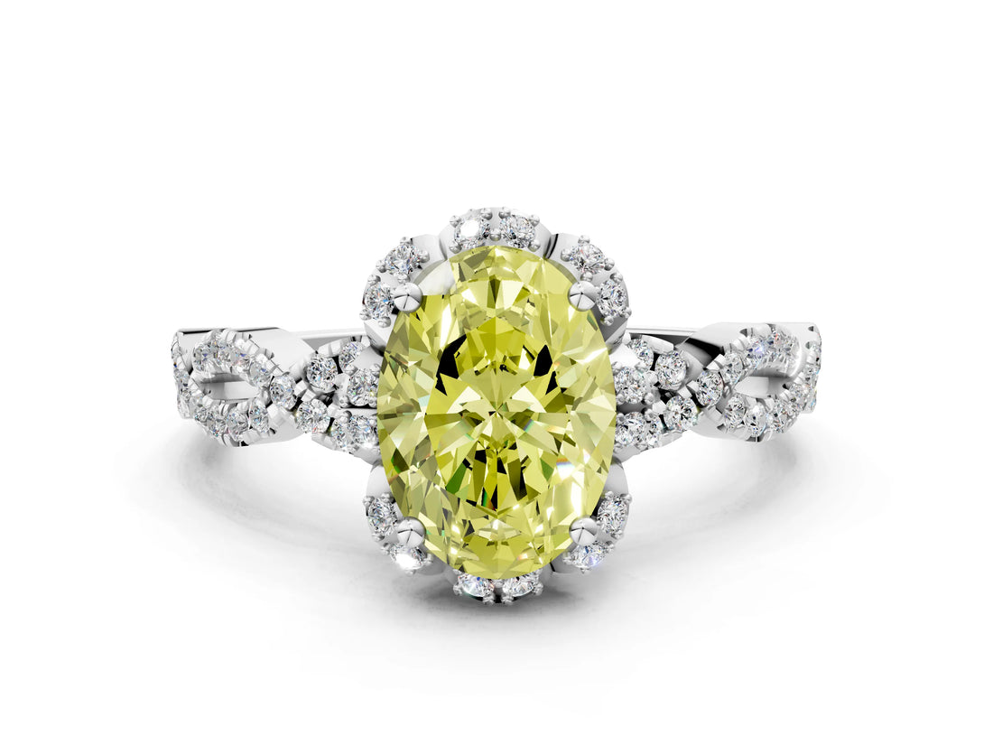 White gold Fancy Yellow Oval  Halo Twist Band Solitaire Ring with Six-Prong Setting_32