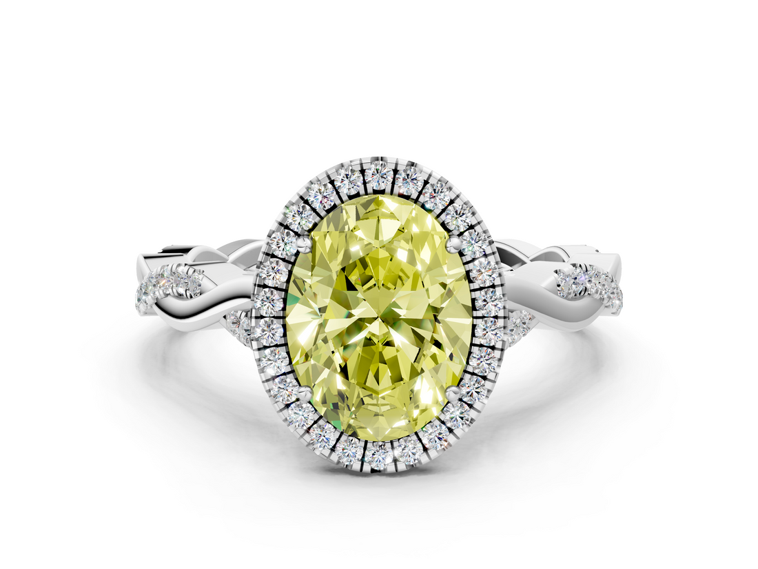 White gold Fancy Yellow Oval  Halo Twist Band Solitaire Ring_20