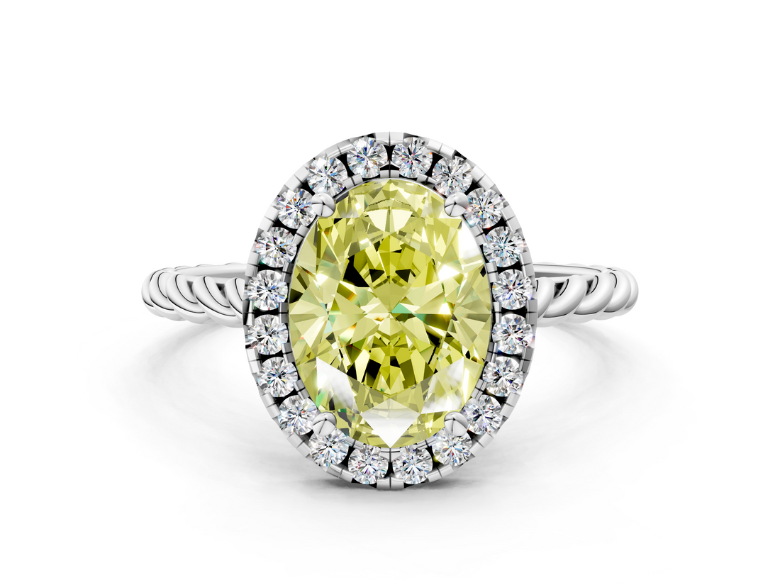 White gold Fancy Yellow Oval  Halo Twisted Band Four-Prong Diamond Ring_20