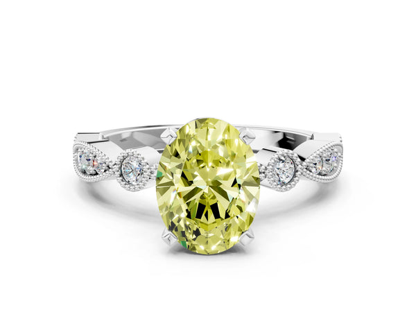 Platinum Fancy Yellow Oval  Milgrain Bezel Diamond Engagement Ring with Solitaire Prong Setting