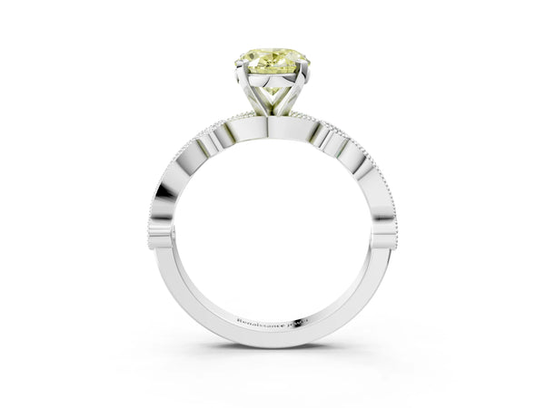 Platinum Fancy Yellow Oval  Milgrain Bezel Diamond Engagement Ring with Solitaire Prong Setting