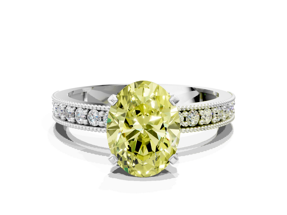 White gold Fancy Yellow Oval  Milgrain Pave Diamond Engagement Ring with Four-Prong Setting_147