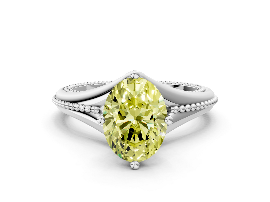 White gold Fancy Yellow Oval  Solitaire Beaded Band Six-Prong Setting