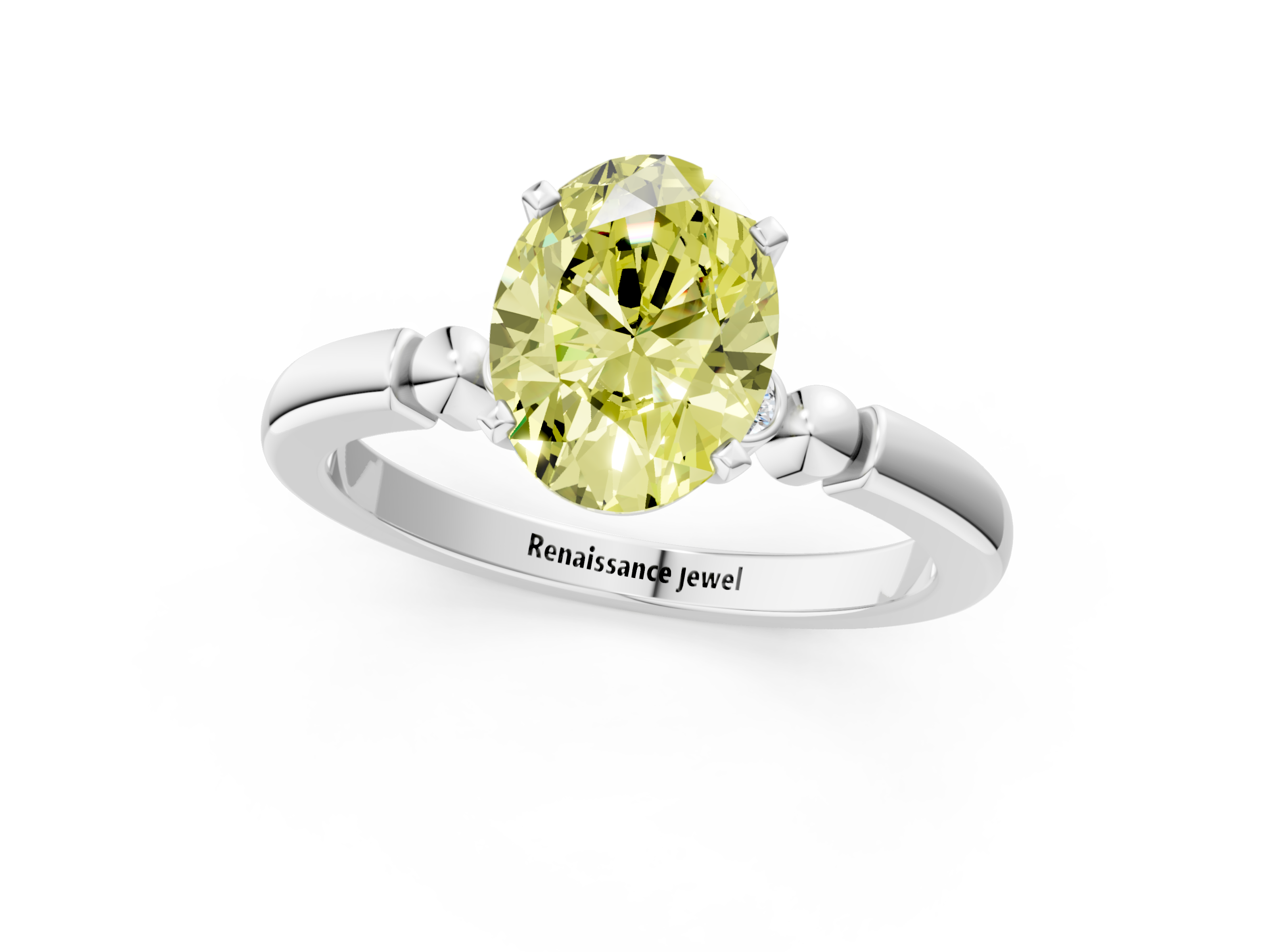 White gold Fancy Yellow Oval  Solitaire Beaded Band with Four-Prong Setting_25