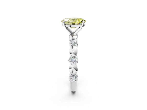 Platinum Fancy Yellow Oval  Solitaire Bezel-Set Diamond Ring with Beaded Band and Four-Prong Setting