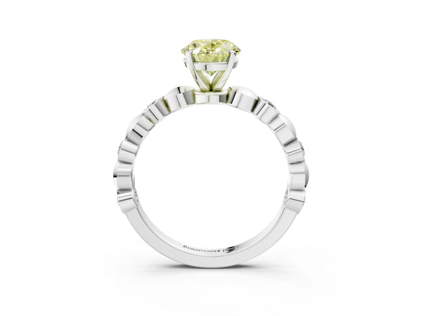 Platinum Fancy Yellow Oval  Solitaire Bezel-Set Diamond Ring with Beaded Band and Four-Prong Setting