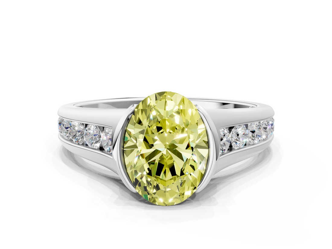 White gold Fancy Yellow Oval  Solitaire Bezel-Set Diamond Ring with Channel-Set Band_36