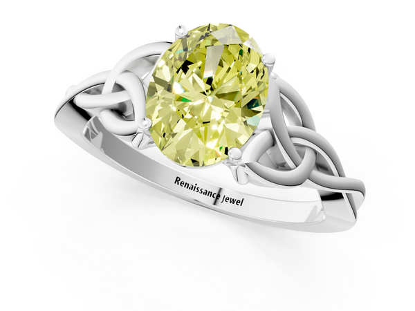Platinum Fancy Yellow Oval Cut Diamond Solitaire Engagement Ring with Celtic Knot Band and Four-Prong Setting