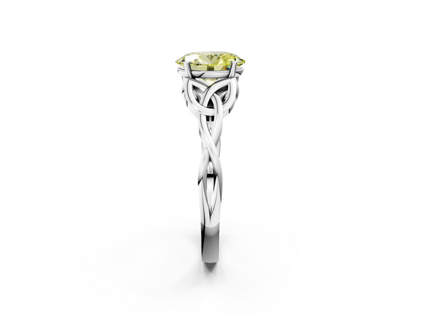 Platinum Fancy Yellow Oval Cut Diamond Solitaire Engagement Ring with Celtic Knot Band and Four-Prong Setting