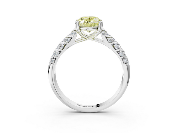 White gold Fancy Yellow Oval  Solitaire Chevron Pave Diamond Engagement Ring with Six-Prong Setting