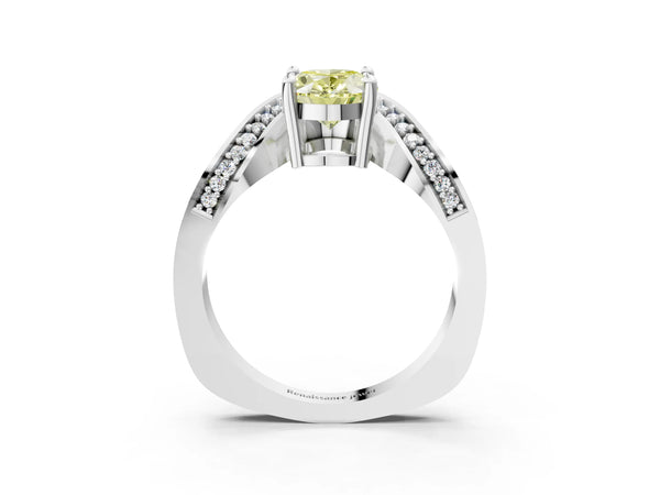 White gold Fancy Yellow Oval  Solitaire Diamond Engagement Ring with Pave Band and Four-Prong Setting