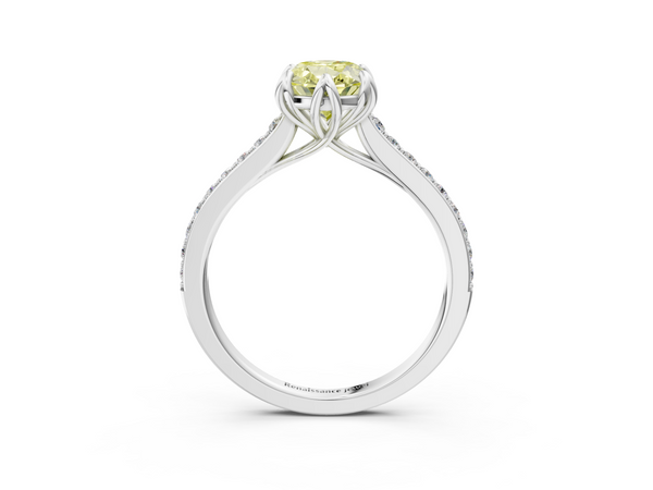 White gold Fancy Yellow Oval  Solitaire Diamond Engagement Ring with Pave Band and Six-Prong Setting