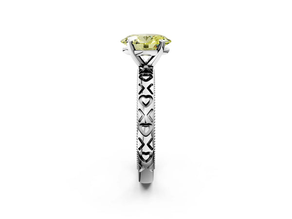 White gold Fancy Yellow Oval  Solitaire Diamond Engagement Ring with XO Engraved Band and Four-Prong Setting