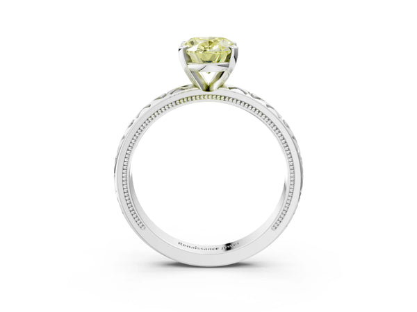 White gold Fancy Yellow Oval  Solitaire Diamond Engagement Ring with XO Engraved Band and Four-Prong Setting