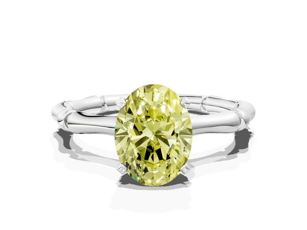Platinum Fancy Yellow Oval  Solitaire Diamond Ring with Bamboo Band and Four-Prong Setting