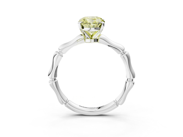 Platinum Fancy Yellow Oval  Solitaire Diamond Ring with Bamboo Band and Four-Prong Setting