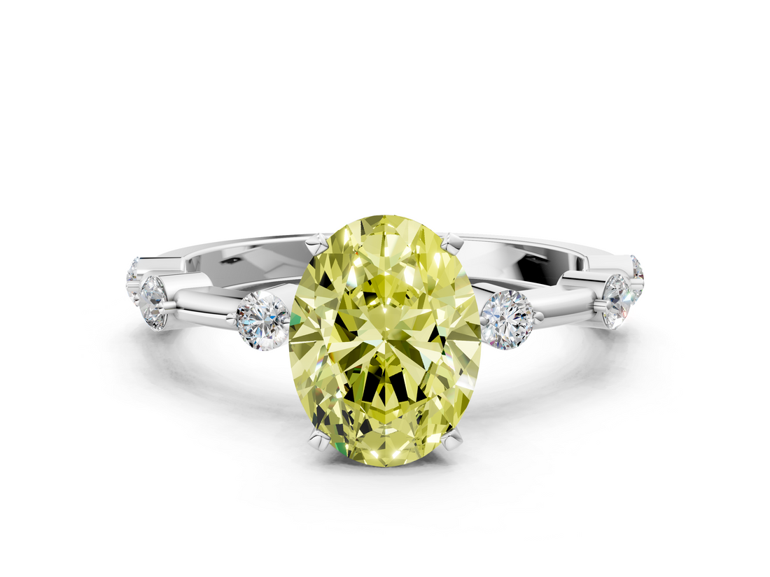 White gold Fancy Yellow Oval  Solitaire Diamond Ring with Bezel Set Side Stones and Prong Setting_3