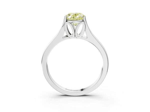 Platinum Fancy Yellow Oval  Solitaire Diamond Ring with Cathedral Band and Four-Prong Setting