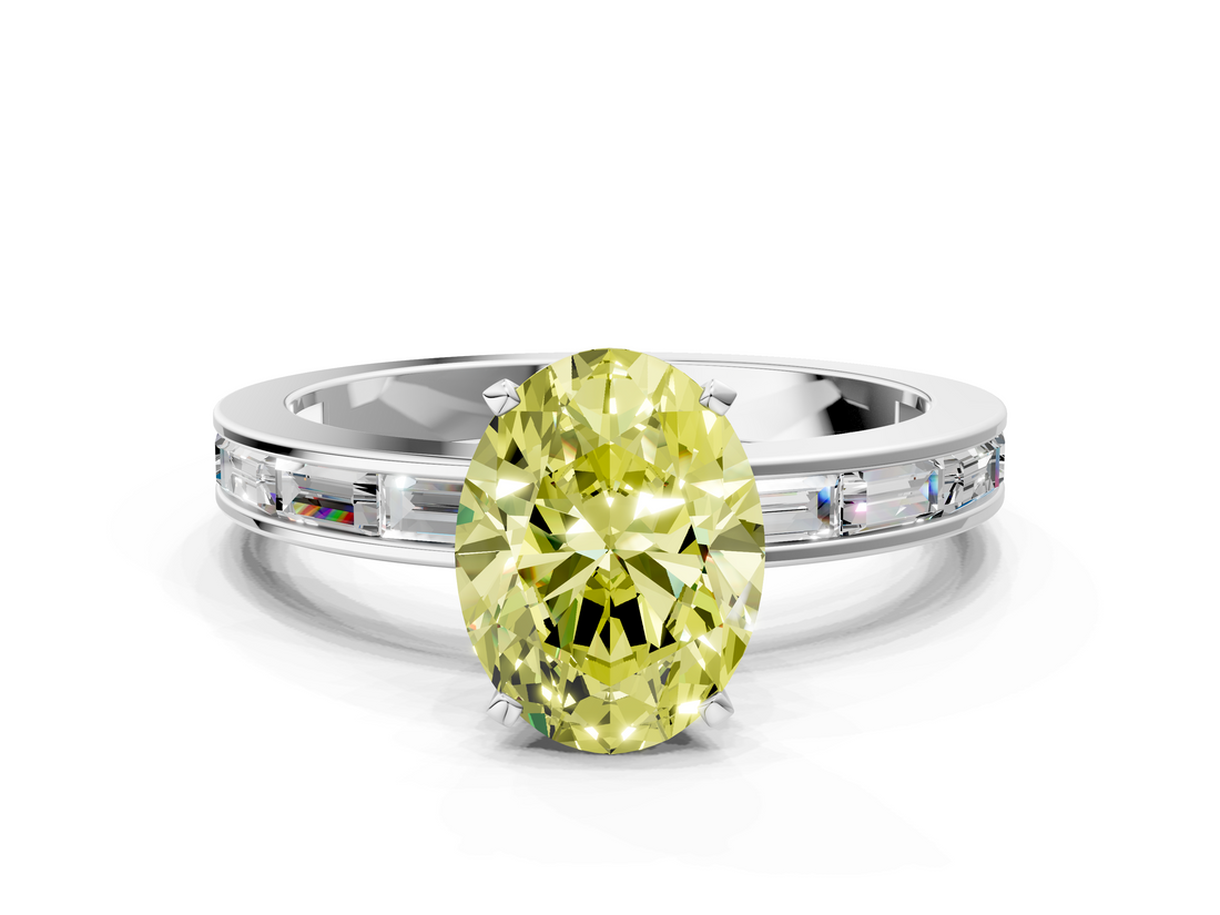 White gold Fancy Yellow Oval  Solitaire Diamond Ring with Channel-Set Baguette Band and Four-Prong Setting_114