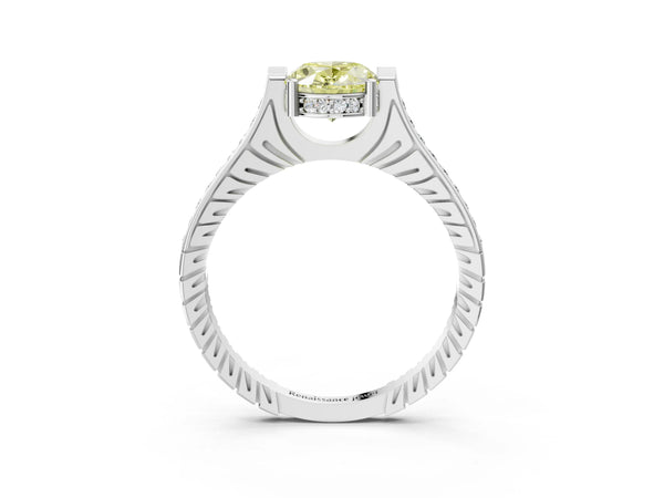 Platinum Fancy Yellow Oval  Solitaire Diamond Ring with Channel Set Band and Bezel Prong Setting