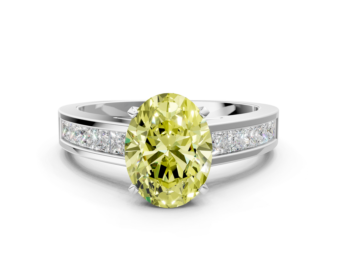 White gold Fancy Yellow Oval  Solitaire Diamond Ring with Channel-Set Band and Four-Prong Setting_3
