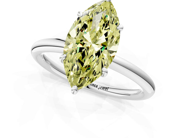 White gold Fancy Yellow Oval  Solitaire Diamond Ring with Four-Prong Setting on a Plain Band