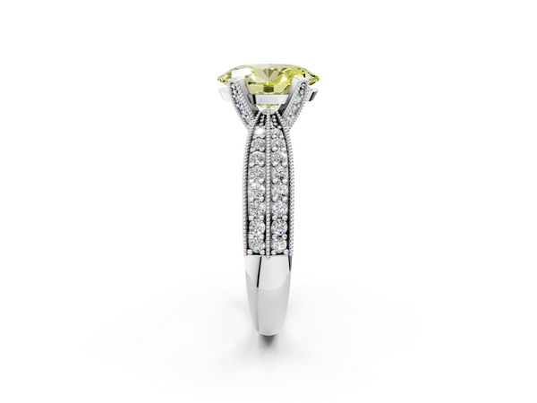 White gold Fancy Yellow Oval  Solitaire Diamond Ring with Milgrain Pavé Band and Four-Prong Setting