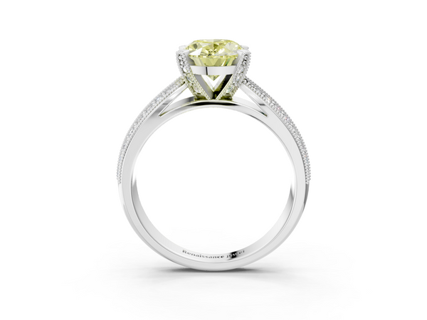 White gold Fancy Yellow Oval  Solitaire Diamond Ring with Milgrain Pavé Band and Four-Prong Setting