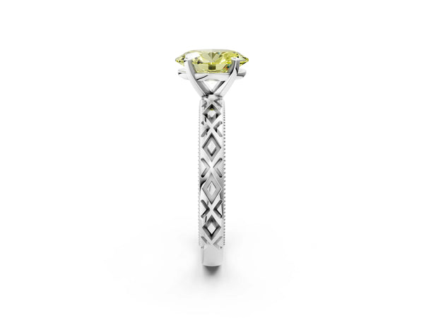 White gold Fancy Yellow Oval  Solitaire Diamond Ring with Milgrain and Black Enamel X Pattern Band