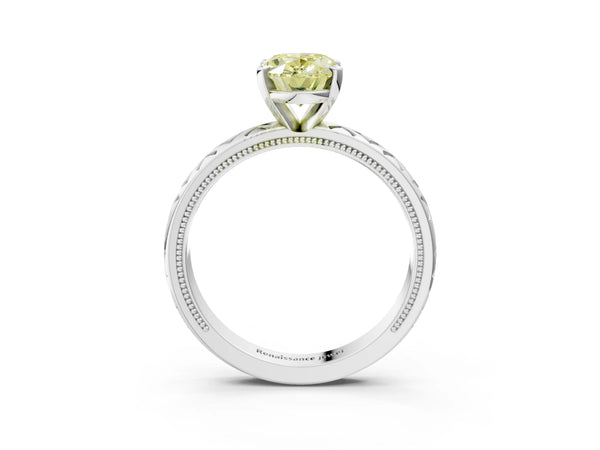 White gold Fancy Yellow Oval  Solitaire Diamond Ring with Milgrain and Black Enamel X Pattern Band
