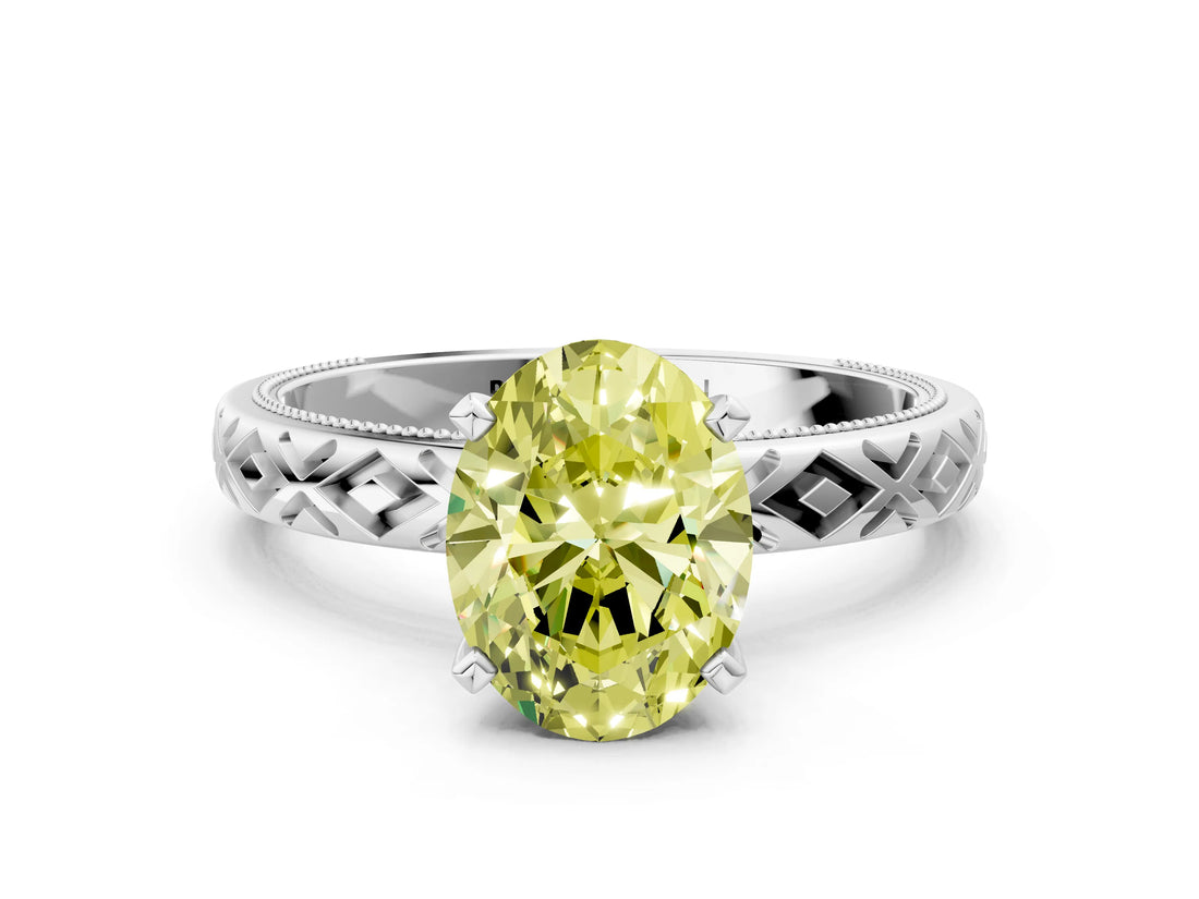 White gold Fancy Yellow Oval  Solitaire Diamond Ring with Milgrain and Black Enamel X Pattern Band_233