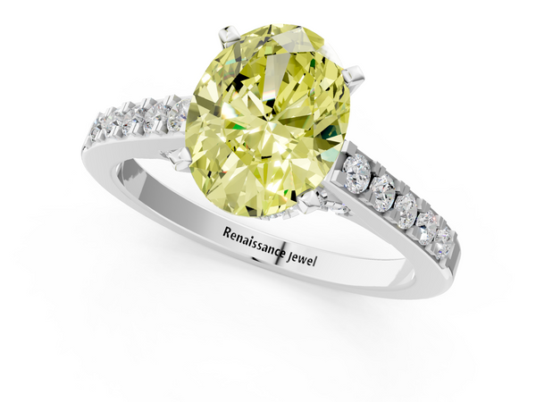White gold Fancy Yellow Oval  Diamond Solitaire Ring with Pavé Band and Prong Setting