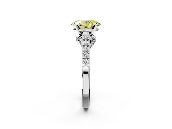 White gold Fancy Yellow Oval  Diamond Solitaire Ring with Pavé Band and Prong Setting