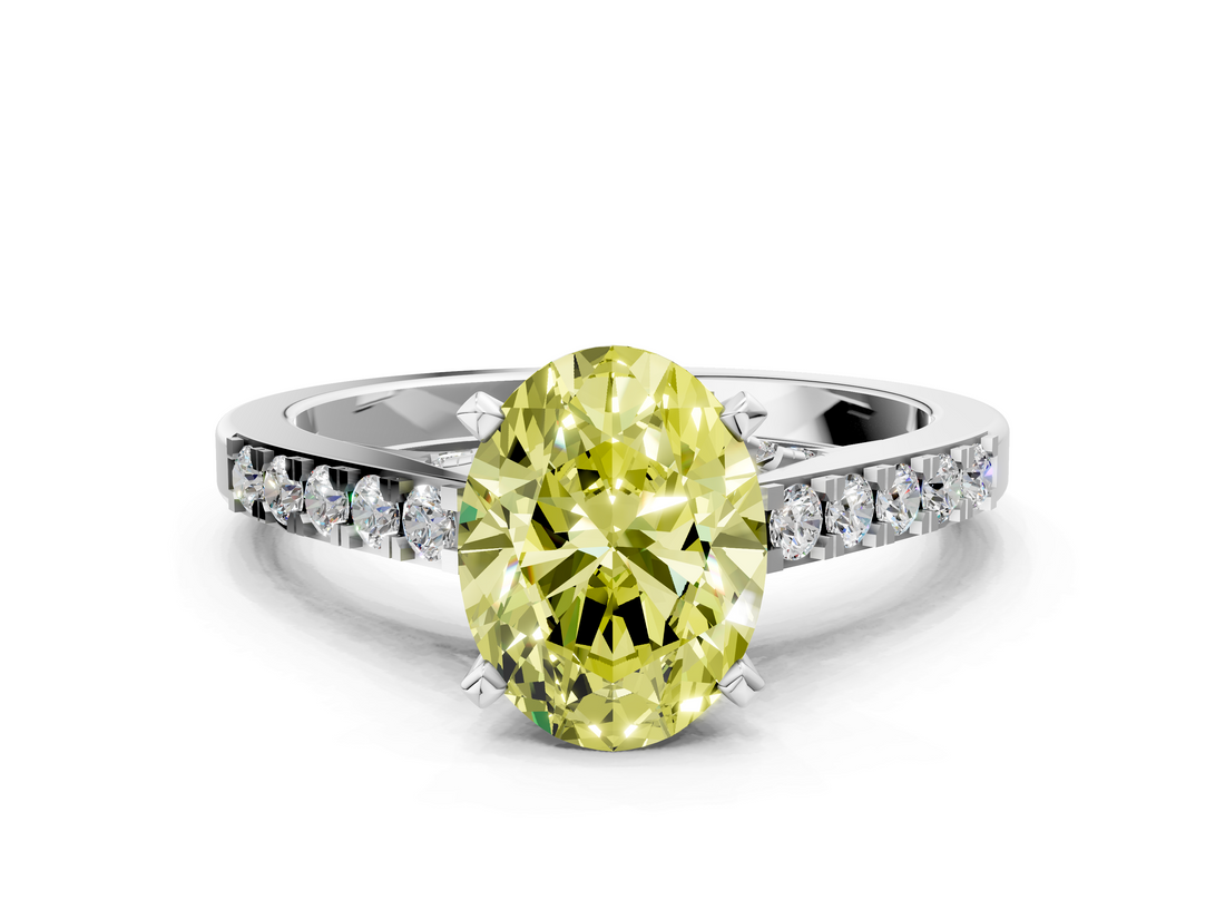 White gold Fancy Yellow Oval  Solitaire Diamond Ring with Pavé Band and Four-Prong Setting_73