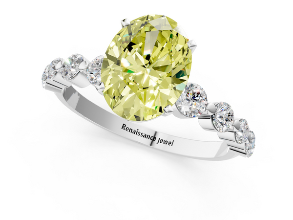 Platinum Fancy Yellow Oval Cut Solitaire Diamond Ring with Pave Band and Four-Prong Setting