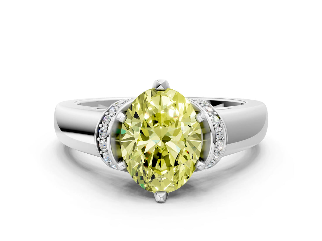 White gold Fancy Yellow Oval  Solitaire Diamond Ring with Pave Band and Six-Prong Setting_32