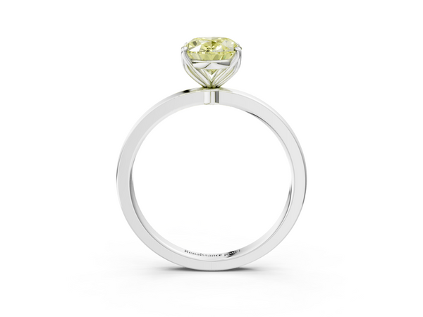 White gold Fancy Yellow Oval  Solitaire Diamond Ring with Thin Band and Four-Prong Setting