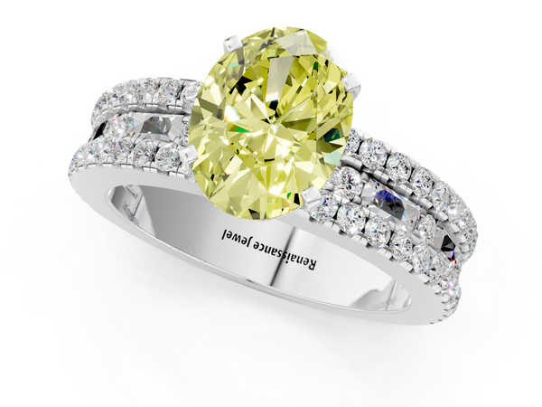 Platinum Fancy Yellow Oval Cut Diamond Solitaire Ring with Pavé and Channel Set Band