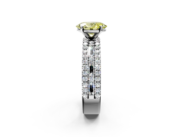 Platinum Fancy Yellow Oval Cut Diamond Solitaire Ring with Pavé and Channel Set Band